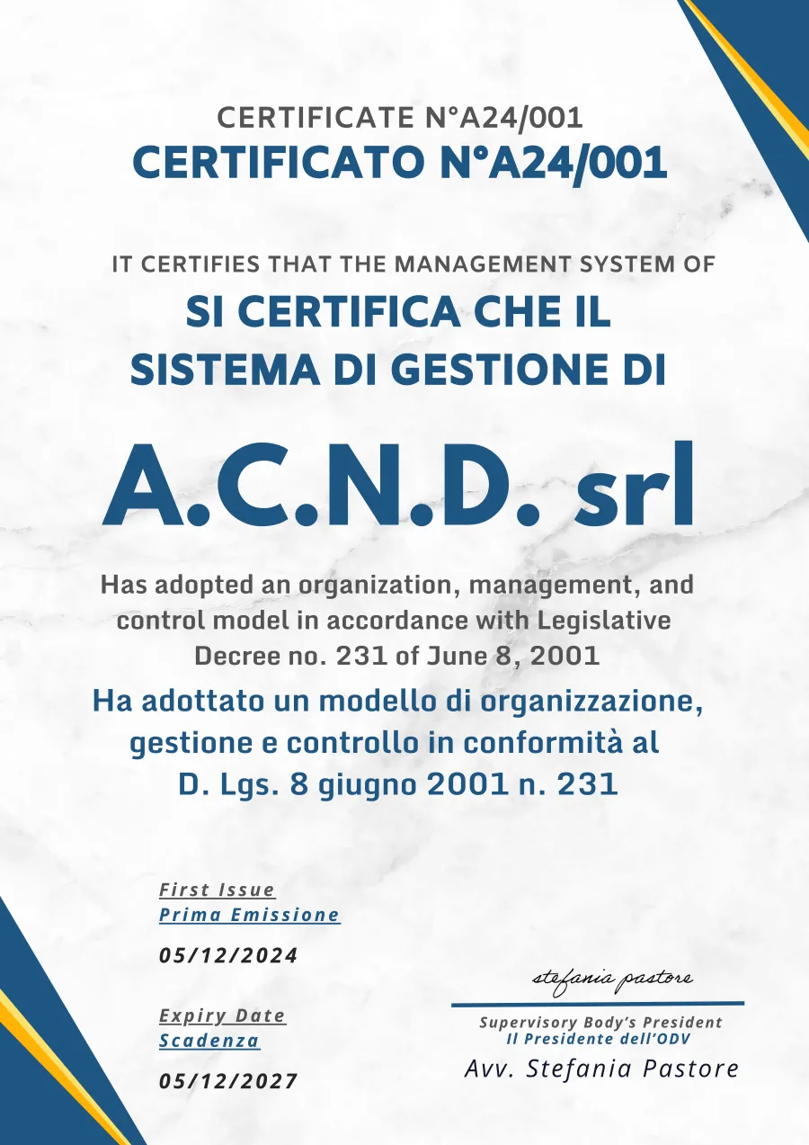 Certificato n. A24/001 di adozione del Modello 231