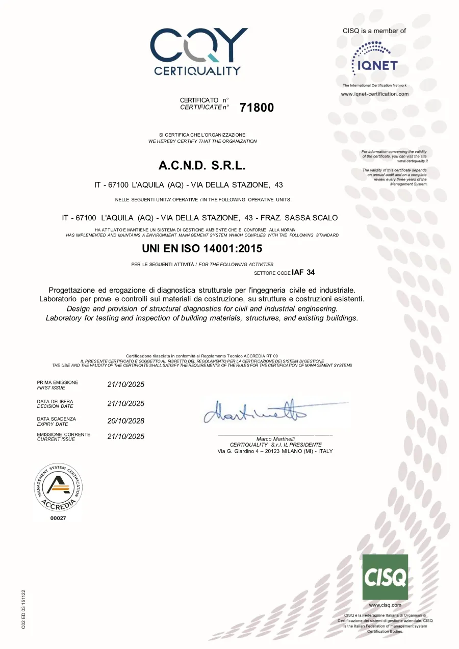 Certificato UNI EN ISO 14001:2015 di A.C.N.D. S.r.l.