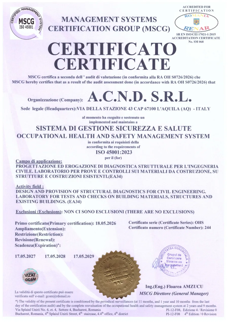 Certificato ISO 45001:2023 di A.C.N.D. S.r.l.